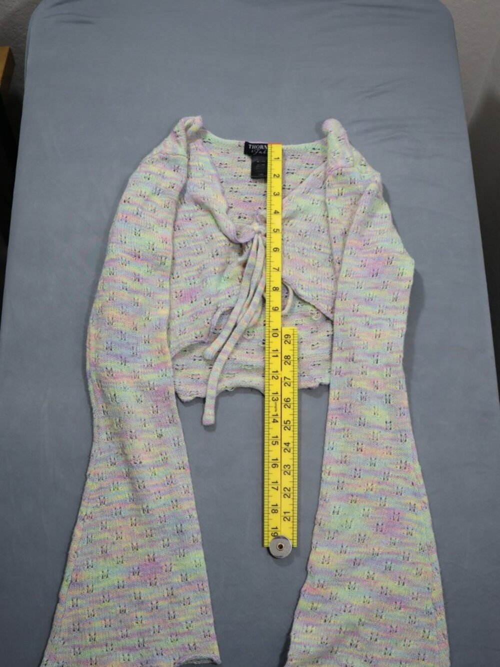 Thorn & Fable Tie Front Cropped Cardigan S/M Pastel Rainbow Bell Sleeve Knit - Picture 3 of 7